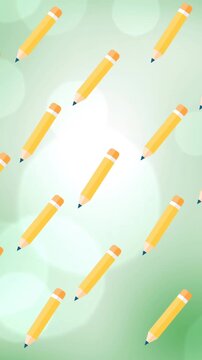 Digital animation of multiple pencils icons floating against spots of light on green background