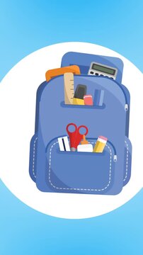 Digital animation of school bag icon over white circular banner against blue background