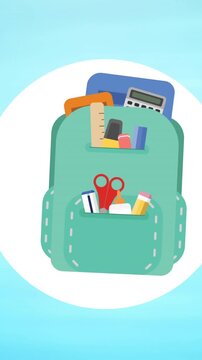 Digital animation of school bag icon over white circular banner against blue background