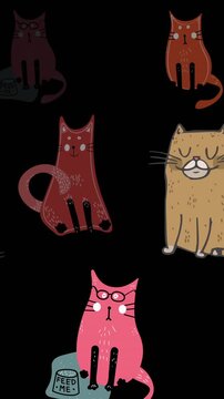 Animation of multiple cute cats flickering on black background
