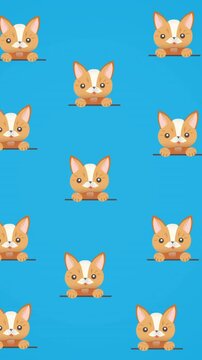 Animation of cute pet cat and dog portraits repeated, on blue background