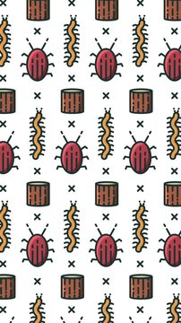 Animation of pattern of repeated rows of caterpillars, beetles and tree stumps, on white background