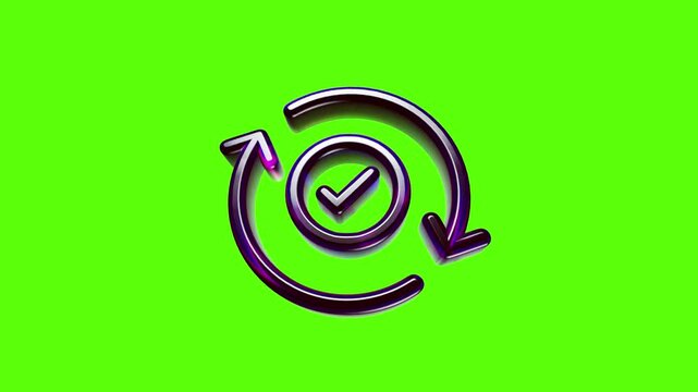 Shiny metallic refresh icon with a check mark symbol in the center on a bright vibrant green background