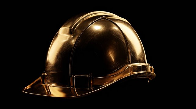 Glossy golden construction hard hat isolated on a black background, safety equipment concept, worker protection, industrial professionalism, construction industry.