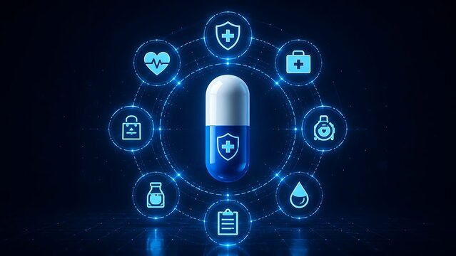Medical pill capsule surrounded by glowing healthcare icons on digital network interface representing modern pharmacy technology
