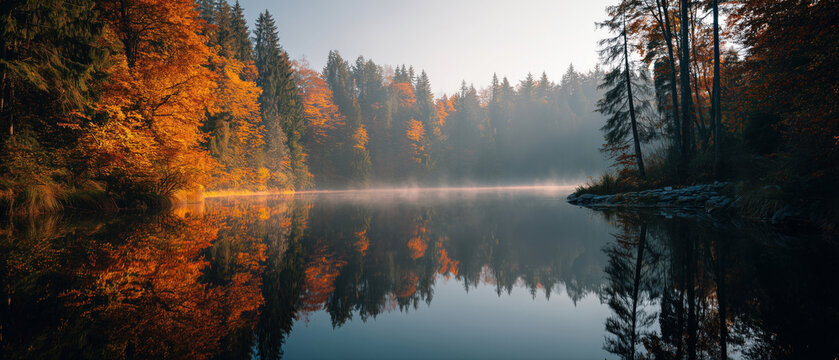 Peaceful autumn lake surrounded by colorful forest mist and reflection