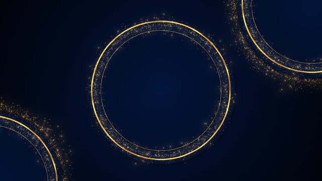 A navy luxury background features central gold glitter ring sparkling particles elegant circular accents. wedding titles, jewelry advertising, anniversary greetings, premium branding product showcases
