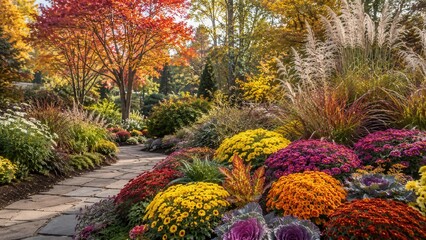 Fototapeta premium Vibrant autumn garden with colorful chrysanthemums ornamental grasses and winding stone pathway in sunlight