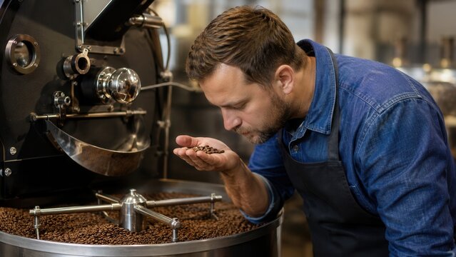 Professional coffee roaster inspecting fresh roasted coffee beans in modern roasting facility for quality control