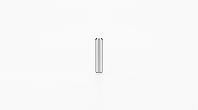 Macro of a solid calibration pin gauge. Miniature polished stainless steel cylinder with chamfered edges for precision geodesic measurement and metrology. Isolated on white background.