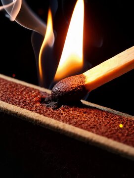 Burning match with bright flame and rising smoke striking against matchbox surface on dark background