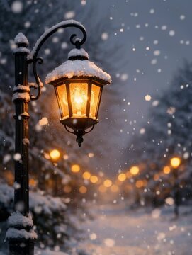 Glowing vintage street lamp during winter snowfall with warm lights and snowy trees in evening scene