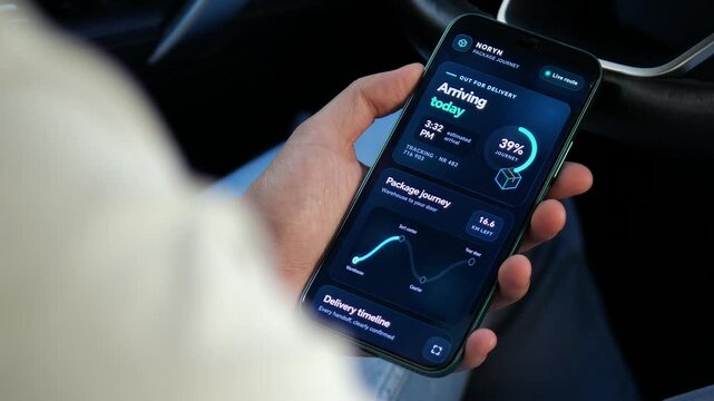 Person tracks a parcel delivery on a smartphone inside a car, following live route progress and estimated arrival as mobile logistics make last-mile shipping more transparent.