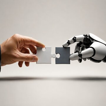 Human hand and robotic hand fitting jigsaw puzzle pieces together, artificial intelligence and human cooperation symbol.