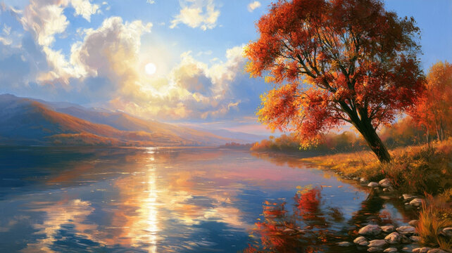 Painting of a Vibrant Autumn Landscape by the Lake with Reflective Water and Colorful Foliage