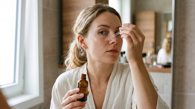 Skincare Ritual: A woman applies serum to her face in a well-lit bathroom, engaging in a personal self-care routine.