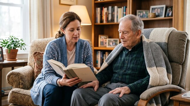 A Tender Moment: A woman reads aloud from a book to an elderly man seated comfortably in an armchair, sharing a quiet and heartwarming interlude in a cozy living room setting.