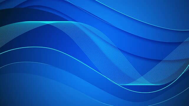 Layered blue waves flow across screen with fine cyan curves, smooth gradients, polished depth. corporate presentations, 19 promos, finance videos, broadcast graphics, websites, abstract