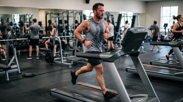 Treadmill Endurance: A determined man is intensely focused on his run on a treadmill in a bustling gym, surrounded by workout equipment and other individuals engaged in their fitness routines.