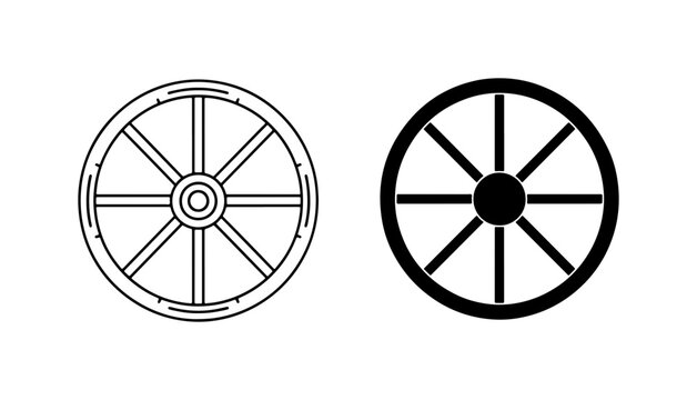 Vintage Wagon Wheel Icons, Old Cart Wheel Vector Graphics, Rustic Transportation Symbol Set
