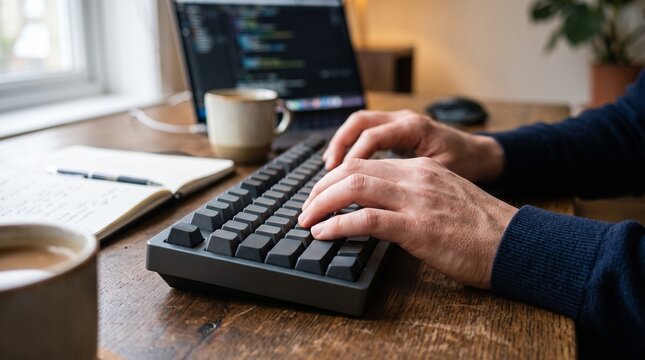 Coding and Coffee Break: Hands typing on a mechanical keyboard with a laptop displaying code, a notebook, and two cups of coffee, creating a cozy and productive home office atmosphere.