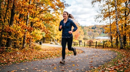 Obraz premium Autumn Trail Run: A woman enjoys a refreshing run on a scenic trail surrounded by vibrant fall foliage, with golden leaves creating a picturesque backdrop.