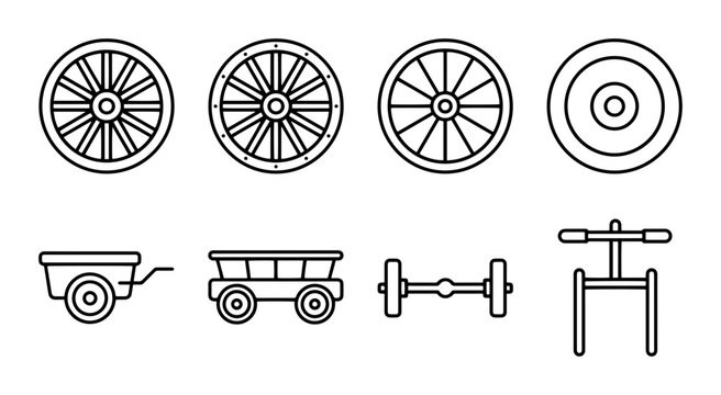 Vintage Wagon Wheels and Cart Parts, Rustic Transport Elements Vector Set