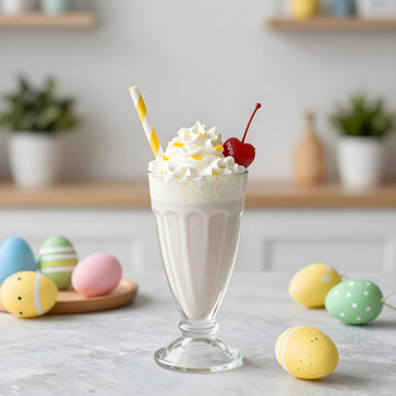 Easter celebration and spring holiday dessert, vanilla milkshake with whipped cream and cherry, decorated eggs on kitchen counter