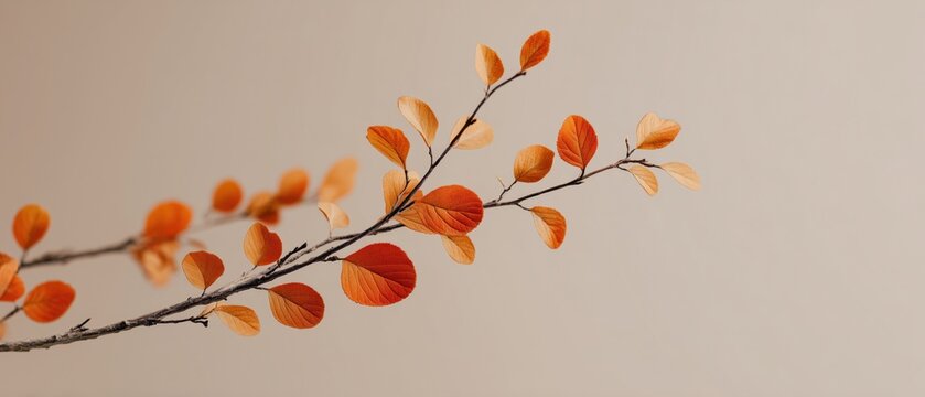 Selective focus on orange autumn branch with small leaves against neutral background