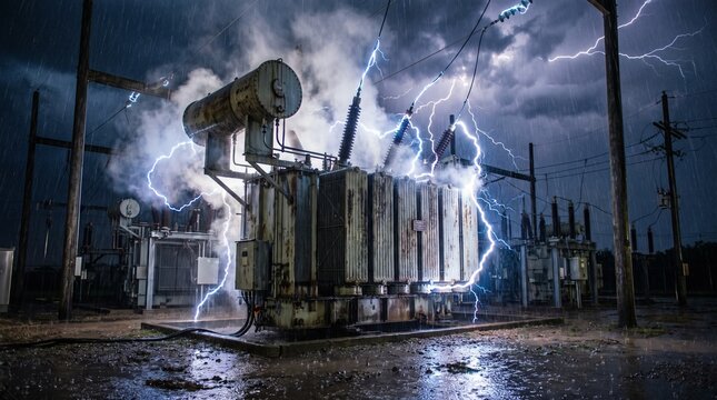 Electrical transformer station sparks intensely with visible lightning flashes and dense smoke during an extreme power overload.
