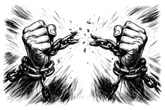 Black and white hands breaking chains symbolizing freedom, liberation and personal empowerment.