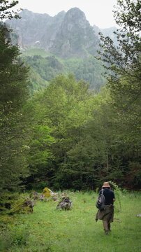 Female hiker with a backpack walking along a forest trail, enjoying an outdoor adventure and exploring nature during a hiking trip.
