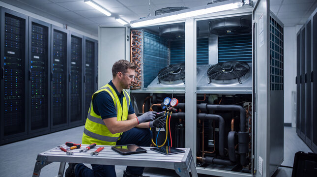 Hvac technician servicing cooling unit in a server room environment