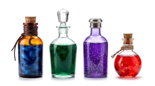 Fantasy alchemy potion bottles with shimmering blue green purple and red liquid isolated on white background for rpg gaming
