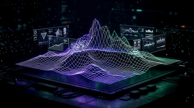 Glowing holographic terrain grid displaying data visualization. futuristic digital landscape concept