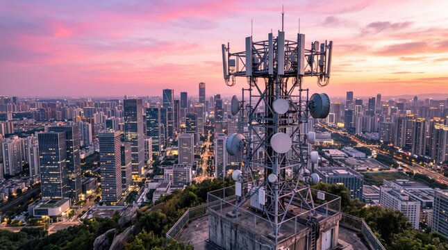 A stunning view of a city skyline at sunset, highlighted by a telecommunications tower and vibrant clouds.