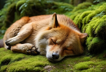 Naklejka premium Wildlife conservation and natural habitat, red fox sleeping peacefully on vibrant green moss in a forest environment
