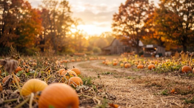 A vast pumpkin patch at sunset with orange pumpkins scattered on a dirt field, surrounded by vibrant autumn trees and a rustic barn in the distance under a soft, warm golden hour light