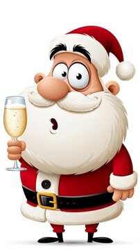 Cute cartoon Santa Claus with a glass of champagne on a white background, animation