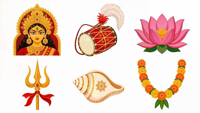 Durga Puja icon set with goddess face dhak drum lotus trident conch and marigold garland