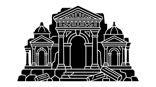 Ancient Greek Temple Ruins Silhouette Icon.