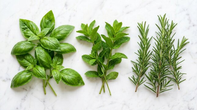 Fresh Basil, Mint and Rosemary Sprigs on White Marble Surface, Culinary Herbs and Healthy Cooking Concept