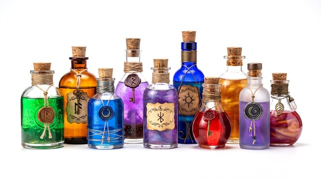 Colorful fantasy magic potion bottles with cork stoppers and mystical alchemical symbols on labels isolated on white background for game design