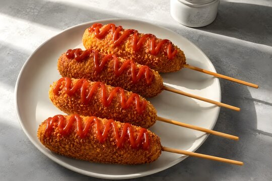 Fried Korean corn dogs arranged casually on a matte ivory ceramic serving plate.