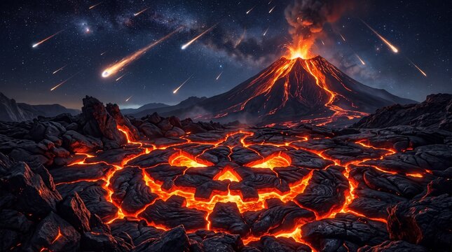 A volcanic eruption at night with glowing lava forming a giant jack-o-lantern face on the rocky ground under a dark starry sky with falling meteors and bright orange magma flows