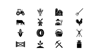 Fototapeta premium Agriculture and Eco Farming Solid Icon Set with Tractor Wheat Barn Cow Windmill Farmer and Livestock Equipment Symbols for Rural Industry Graphic Designs