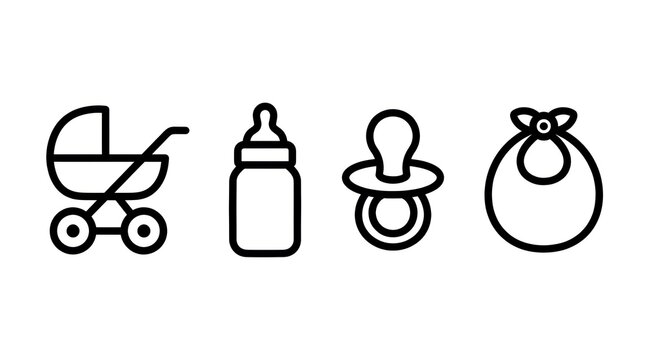 Baby care icons including stroller bottle pacifier and bib.