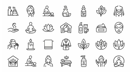 Fototapeta premium Spa wellness and esthetics thin line icon set with skincare massage homeopathy and beauty symbols