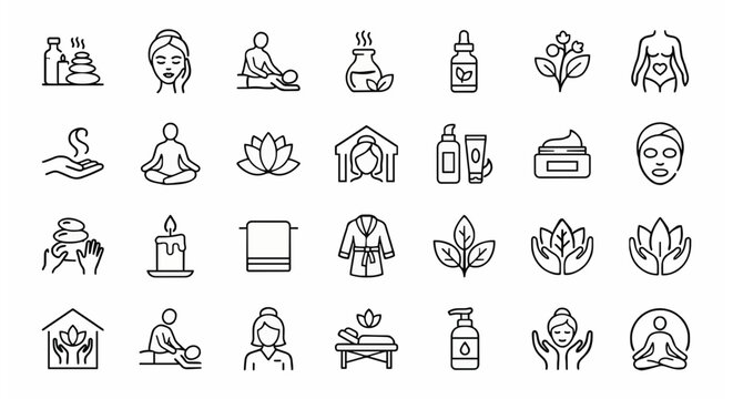 Spa wellness and esthetics thin line icon set with skincare massage homeopathy and beauty symbols