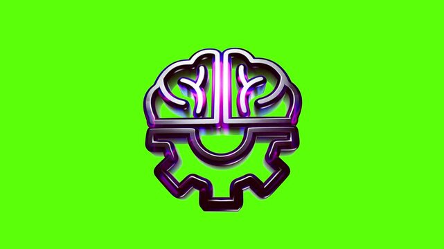 Metallic brain gear icon representing artificial intelligence and creative engineering on a bright green background
